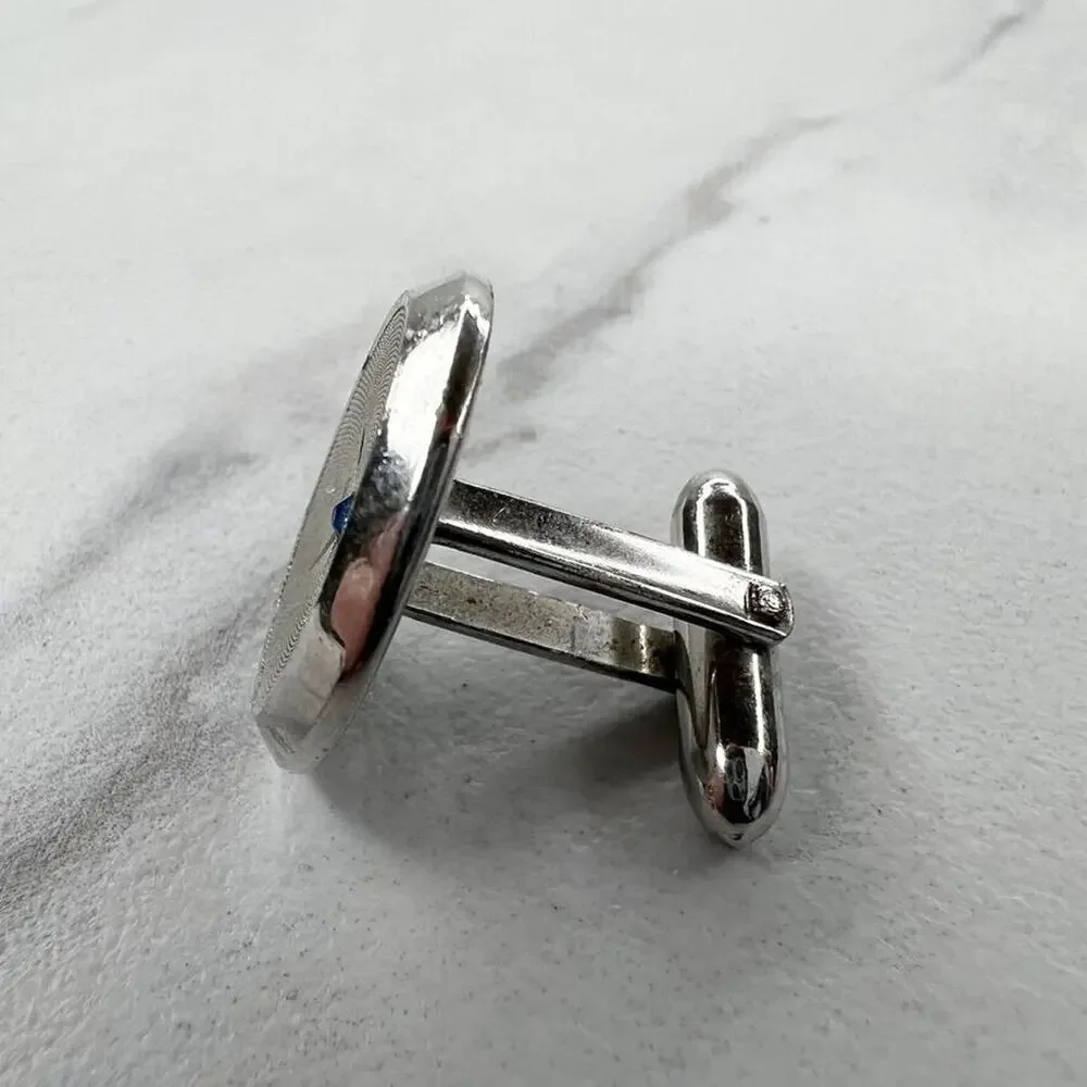 Vintage Silver Tone Blue Rhinestone Round Single Cufflink